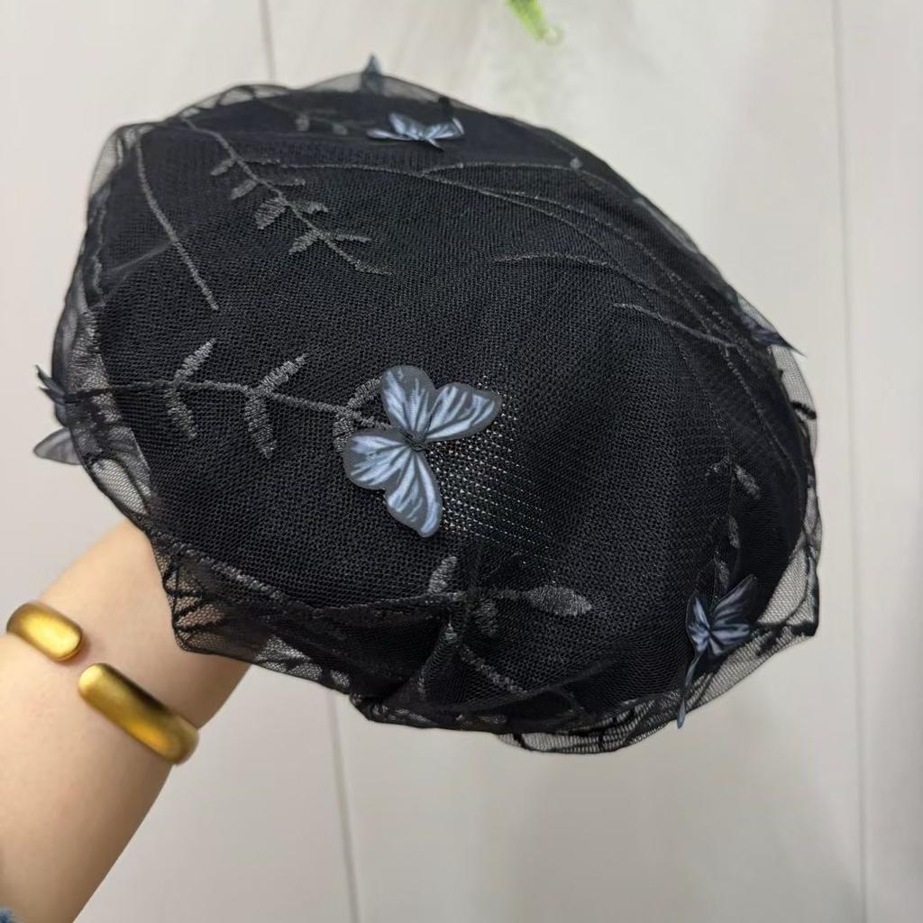 Women's Hat Mesh Sun Hat Women's Summer 3d Butterfly Embroidery Fisherman Beret Fashion Lace Painter Hat Sun Protection Cap