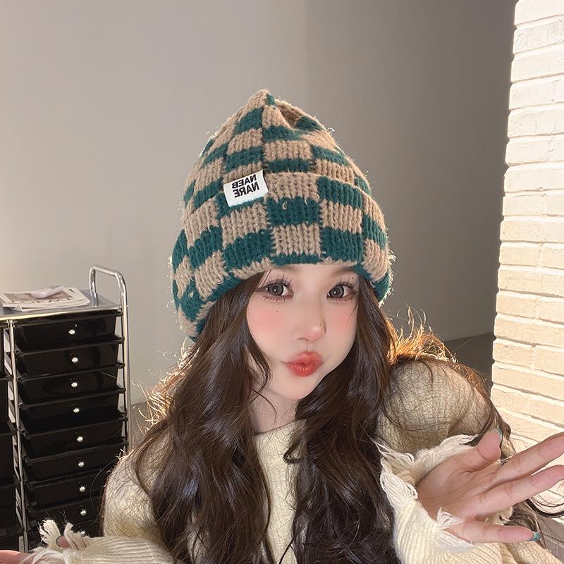 Checkerboard Plaid Knitted Hat for Women In Autumn and Winter Korean Style Niche Big Head Wool Hat Japanese Face Showing Small Christmas Hat