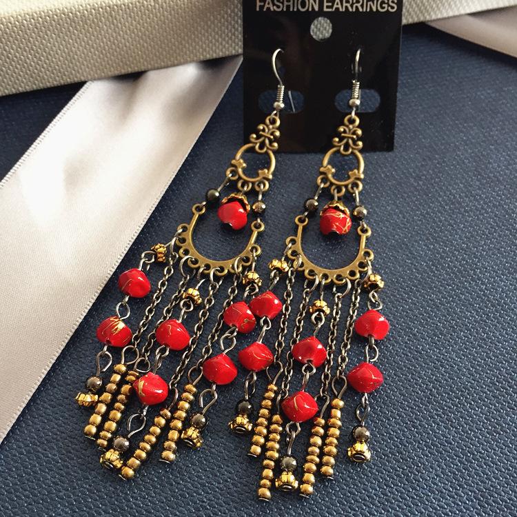 Vintage Celebrity Earrings Fashion Exaggerated Bohemian Tassel Pearl Bronze Long Beaded Earrings