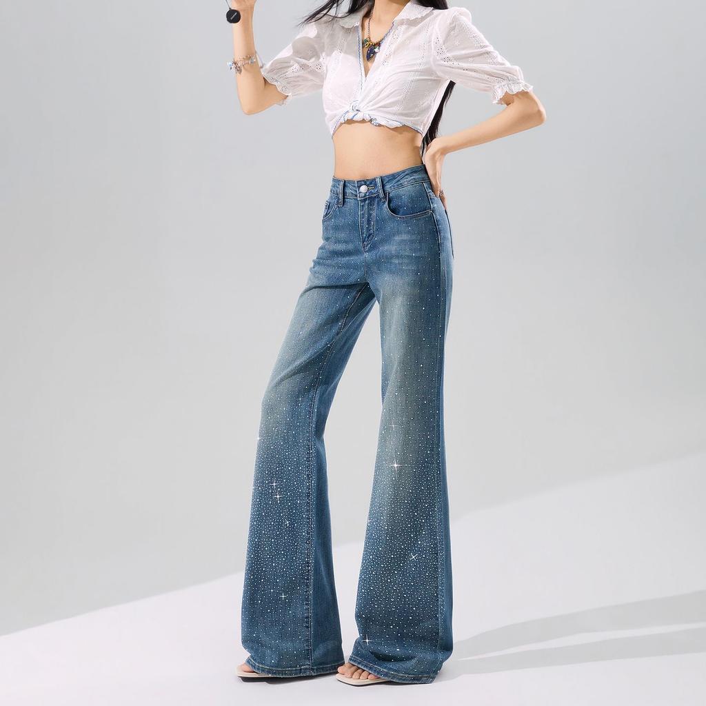 Spring Summer Trendy Bling Full Star Rhinestone Soft Comfort Relax Micro Flare Wide Leg Denim Pants For Women Casual Pants Oversize Denim Trousers