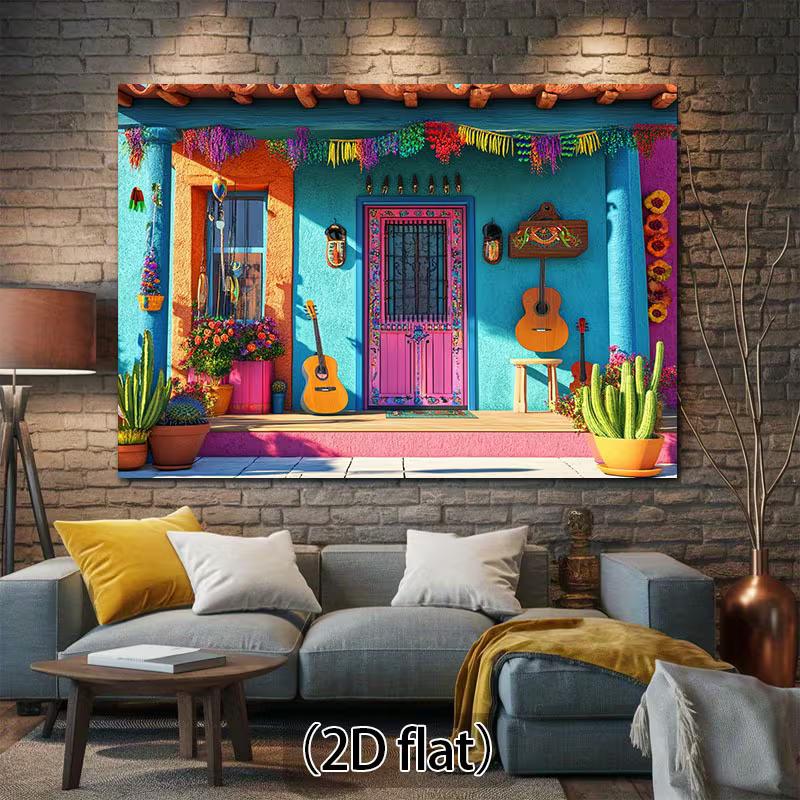 2D Mexican Fiesta Backdrop, Bright Blue Pink House Scene Background for Garage Door Decor
