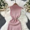 Summer Designer Solid Hollow Out Long Knitting Dress Women Elegant Half Turtleneck Sleeveless Slim Knitwear Sweater Dresses Female