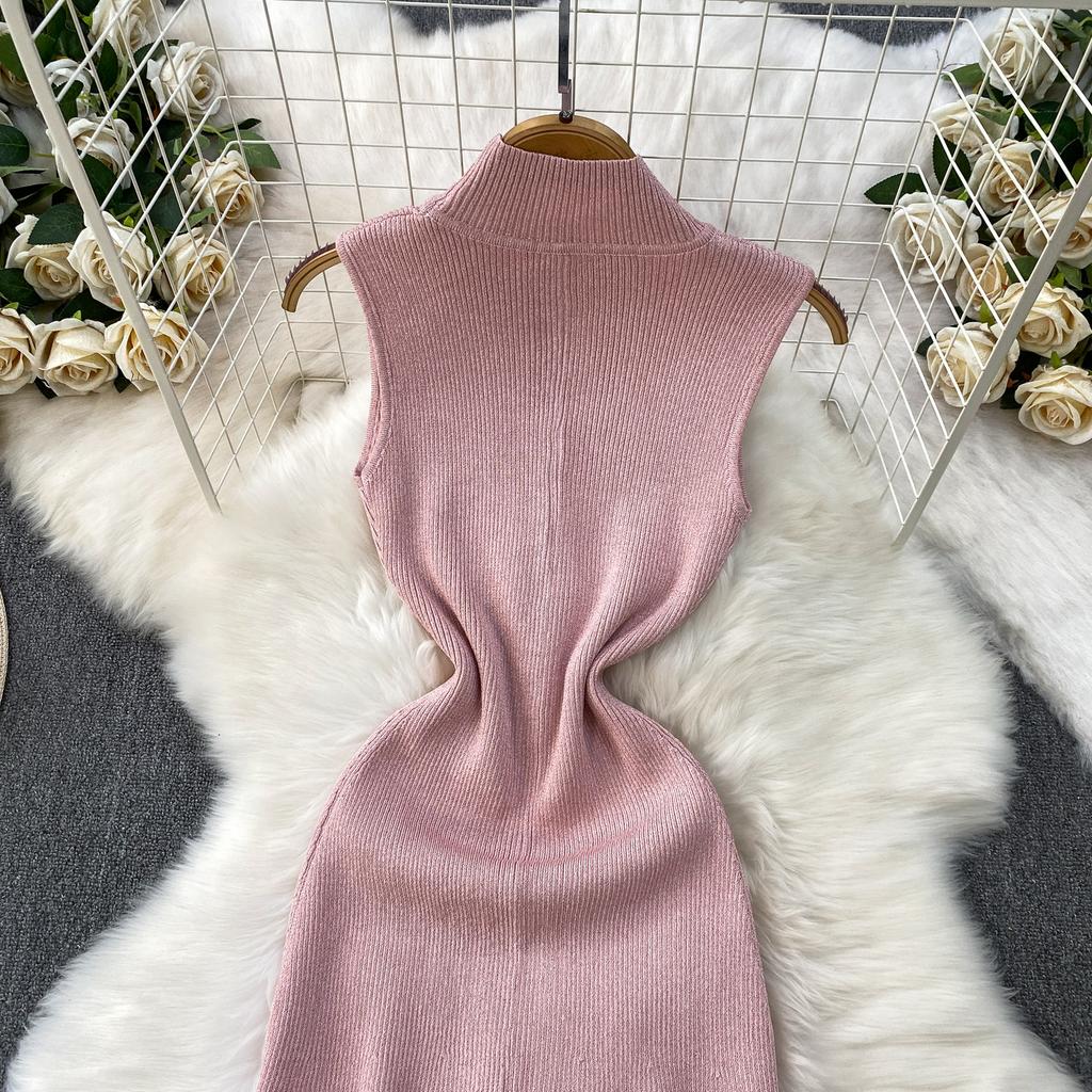 Summer Designer Solid Hollow Out Long Knitting Dress Women Elegant Half Turtleneck Sleeveless Slim Knitwear Sweater Dresses Female