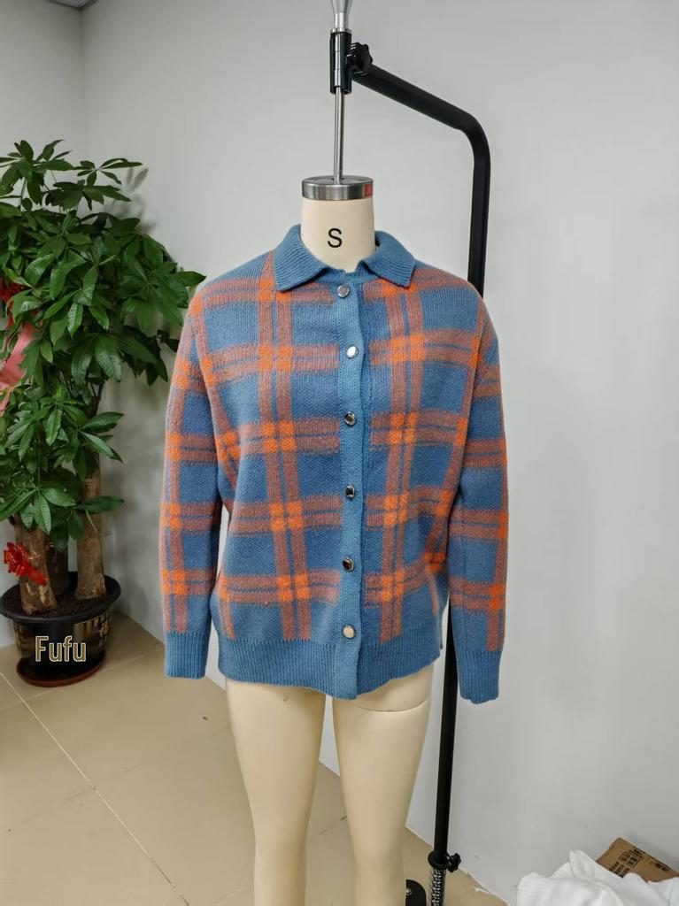 Women's Casual Plaid Long Sleeve Lapel Shirt Sweater Cardigan