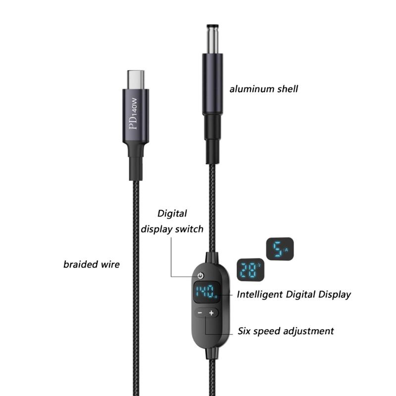 Durability PVC Coating DC5.5x2.1mm To USB C Charging Cord Featuring 5V/9V/12V/15V/20V/28V Adjustable Output Voltages