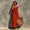 Damen quadratischer Ausschnitt verstellbare Spaghettiträger Leinen Maxikleid locker gerade Boho Urlaubs Sommerkleid
