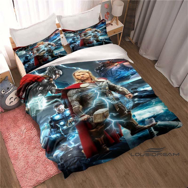 Printed cartoon Thor duvet cover bedding set, anime-themed home decor, suitable for children and adults.