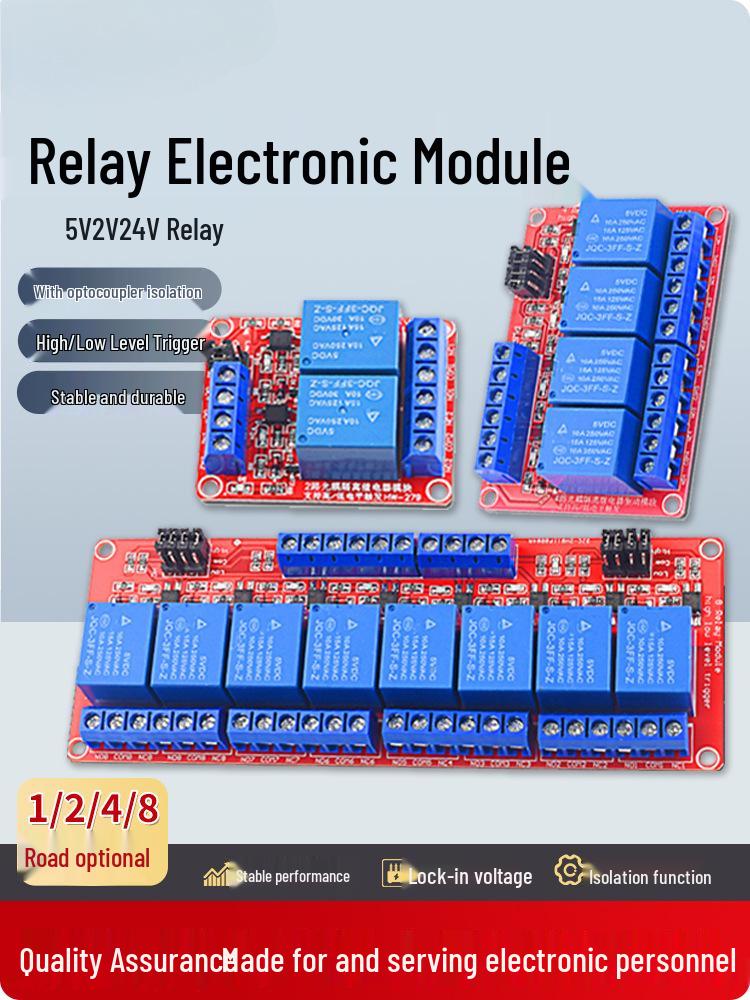 1/2/4/8 Channel Relay Module with Optocoupler Isolation, High/Low Level Trigger, Supports 3.3V, 5V, 12V, 24V