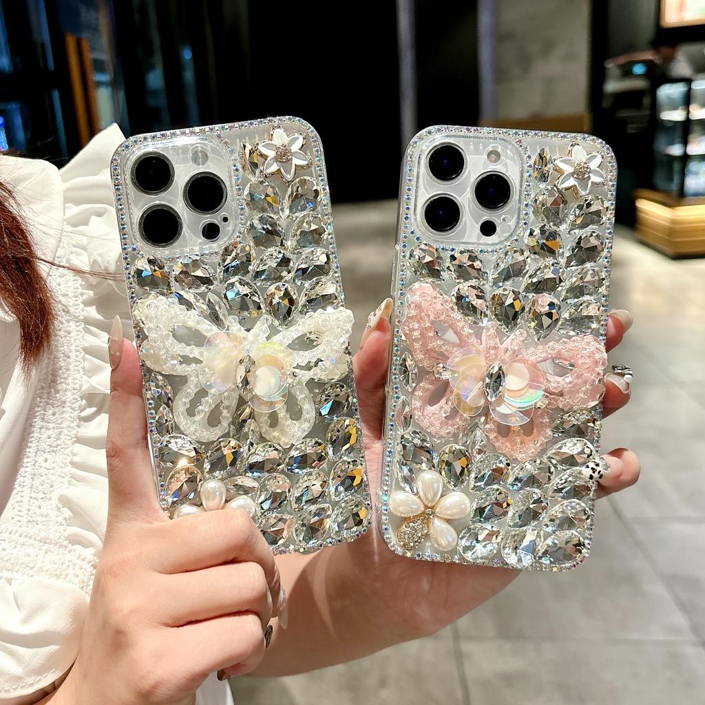 For iPhone 15 Pro Case Glass Rhinestone Decor Butterfly Pattern TPU Phone Back Cover