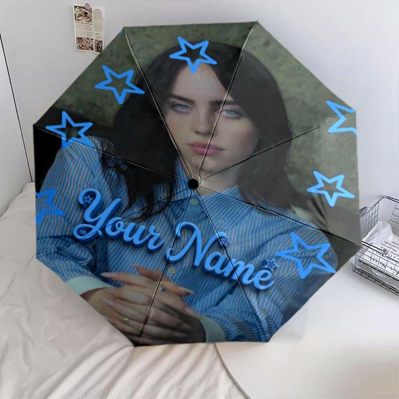 1 PC Automatic Folding Umbrella - Billie Eilish Custom Name Pattern, Portable & Foldable Design with 8 Ribs, Christmas Birthday Gifts
