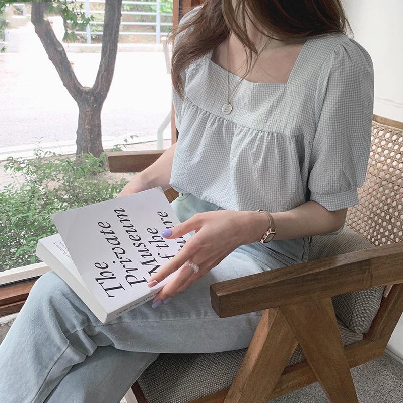 Square Neck Short Sleeve Women's Summer Top - Japanese Sweet Style with Age-Reducing Check Pattern
