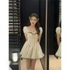 French Square Neck Puff Sleeve Bowknot Waist-Cinched Short Skirt