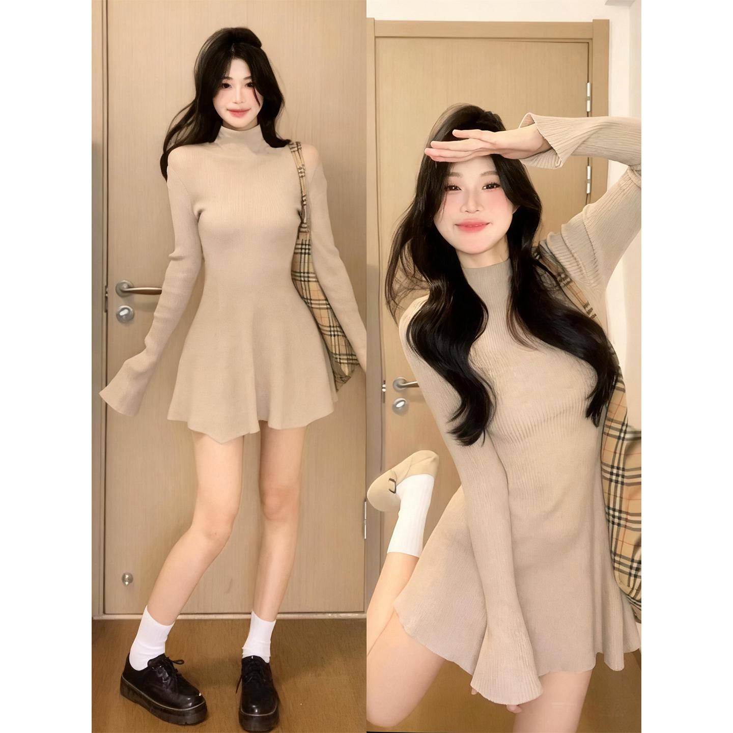 

Black High Neck Slim Fit Knit Dress: Women s Autumn-Winter Layer, Perfect with Coat S