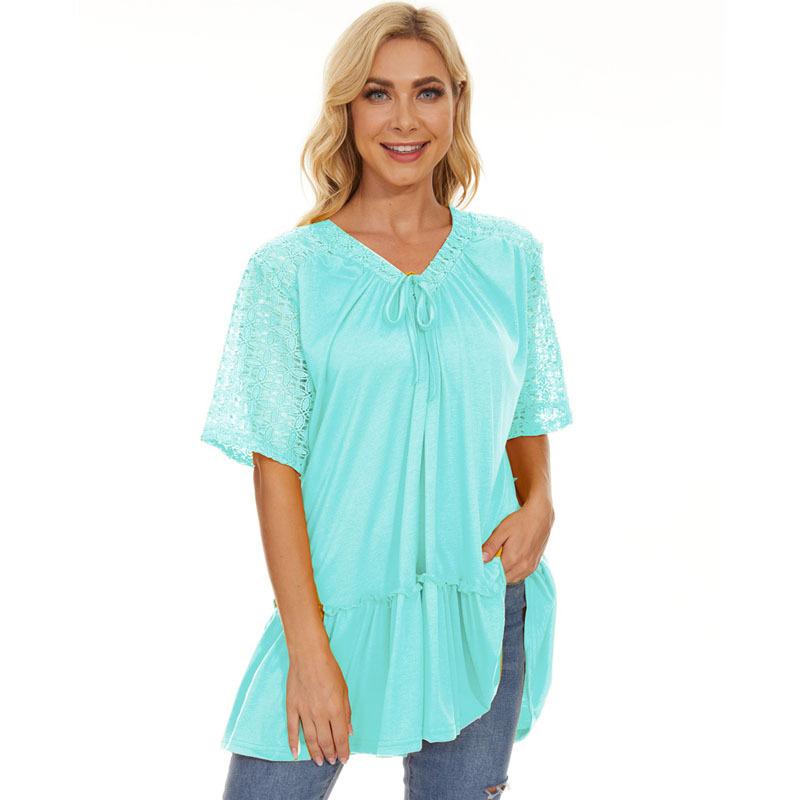 

Новое женское европейское и американское кружево с V-образным вырезом и короткими рукавами. XL синий