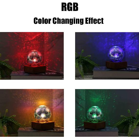 LED Firework 3D Star Effect Colorful Night Light USB Projector Lamp Magic Crystal Glass Ball Night Light with Wood Base Decorative Lamp for Gifts &