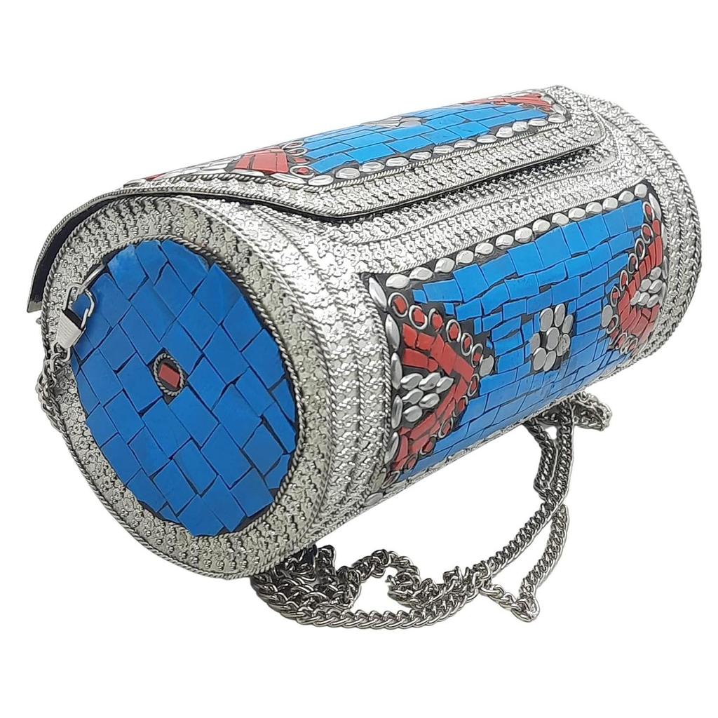 Eye Catching Handmade Cylinder Round Ethnic Stone Metal bag Antique Bridal clutch