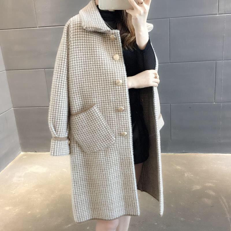 New High Quality Autumn Winter Coat Female New Korean Knitted Cardigan Loose Medium Long Wool Sweater