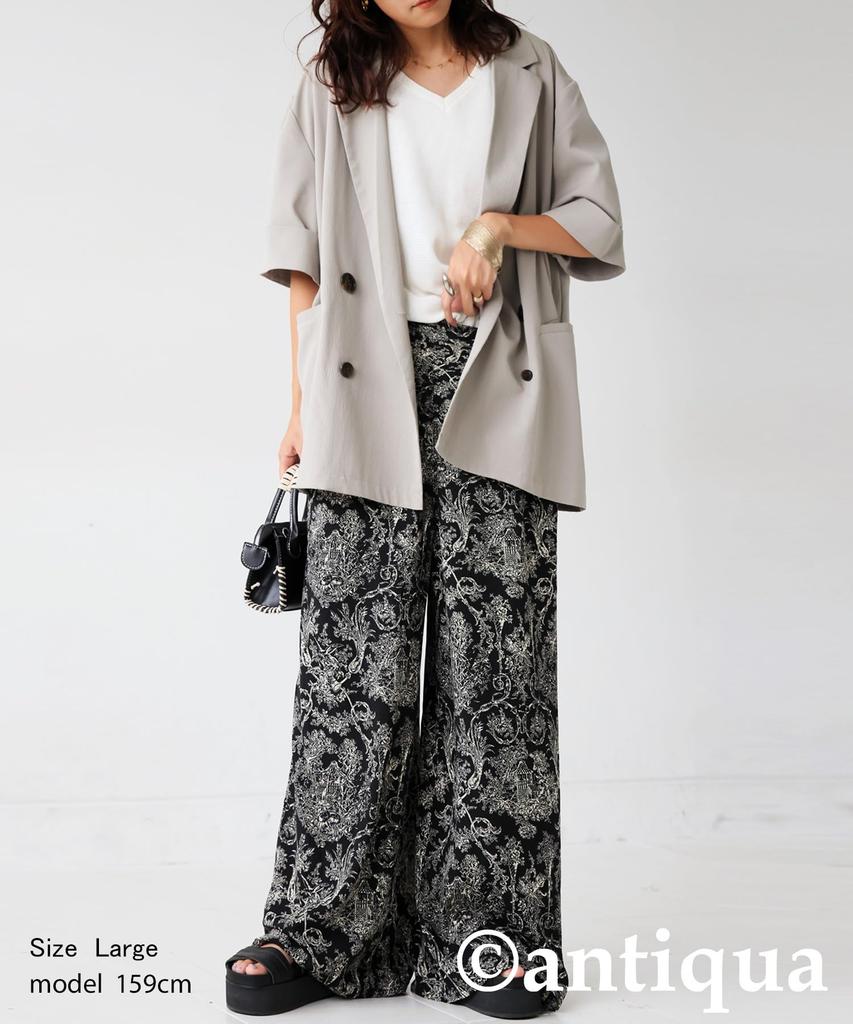 antiqua Toile de Jouy Medium Black Wide-leg Pants, Women's, PO-00194, 05,