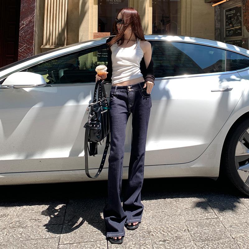 American dark blue micro-pull jeans women's autumn new low-rise Spice Girls slim-fitting and thin drape flared pants