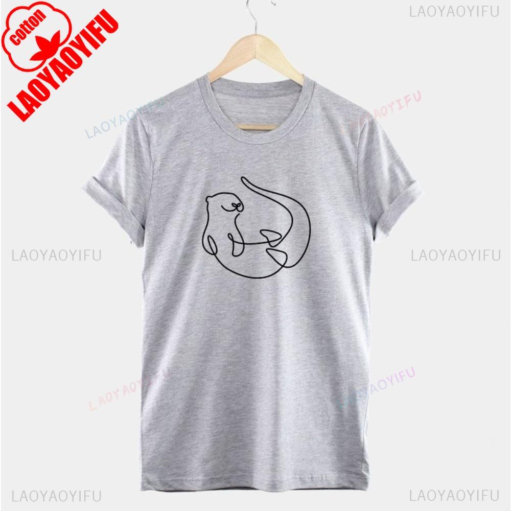 Womens Otter Line Drawing Tshirt Otter Enthusiast Gift Short Sleeve Cute Casual Summer Round Neck Cotton Women Tee Tops