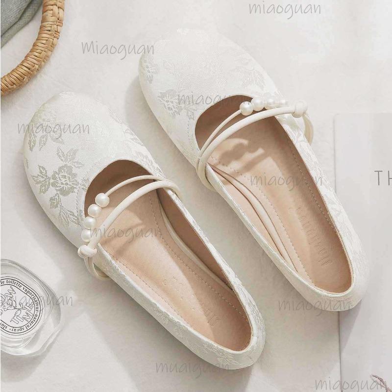 Chinese Style Mary Jane Shoes 2025 Summer Beige Size35 40 Women's Shoes Low Heel Pumps Slip On Ladies Casual Single Shoes