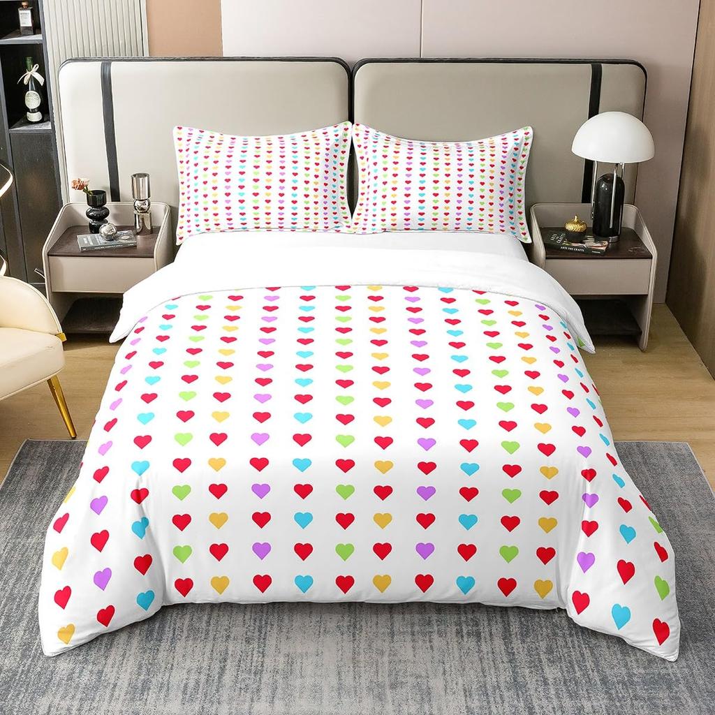 Colorful Rainbow Heart Duvet Cover Sets For Kids Boys Girls Queen Lightweight Quilt Covers Love Heart Bedding Sets Bedroom Decor