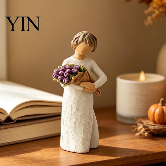 Minimalist Desk Ornament Girl Holding Bouquet Resin Figurine, Faceless Lady Statue, Romantic Desktop for Flower Statue Living Room Bedroom Home Decor,