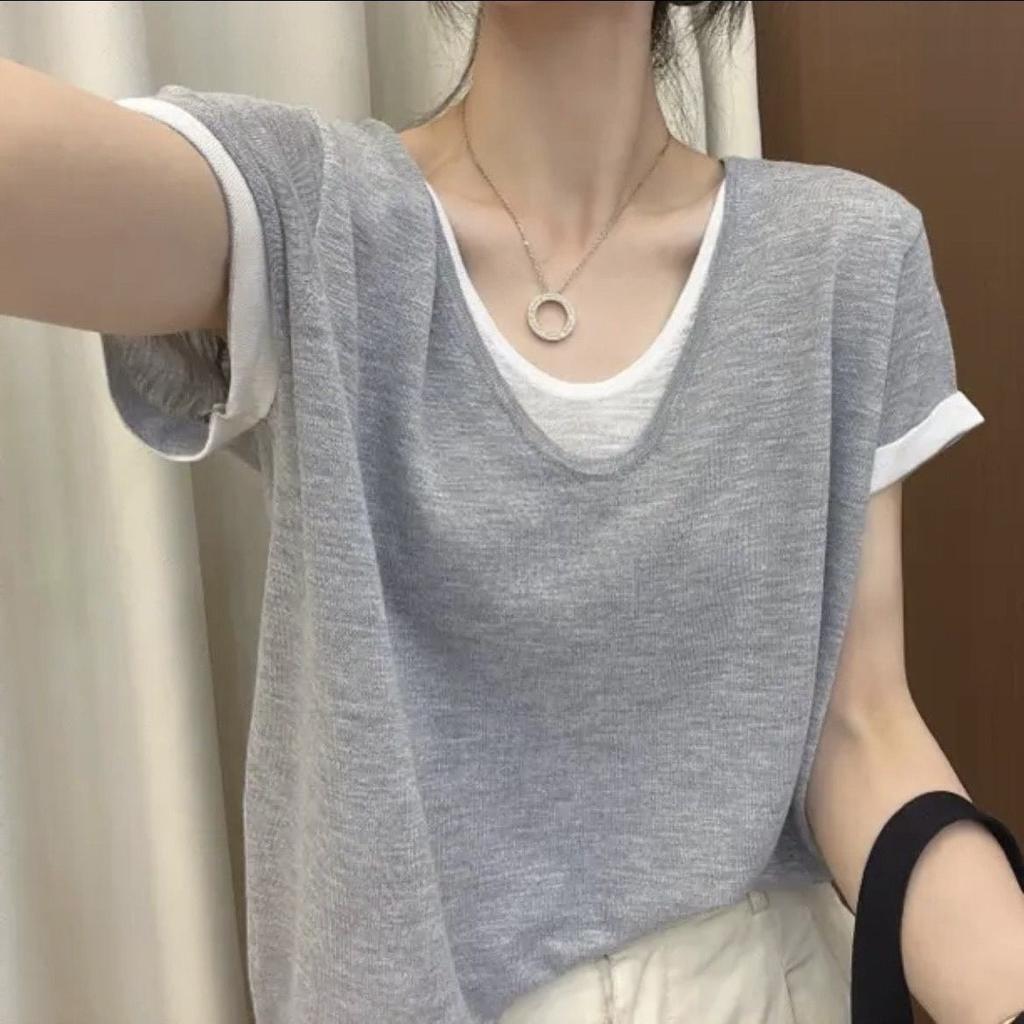 Loose and Slimming Contrasting Color Fake Two-piece Thin Ice Silk Short-sleeved T-shirt for Women To Cover Belly Plus Size Top