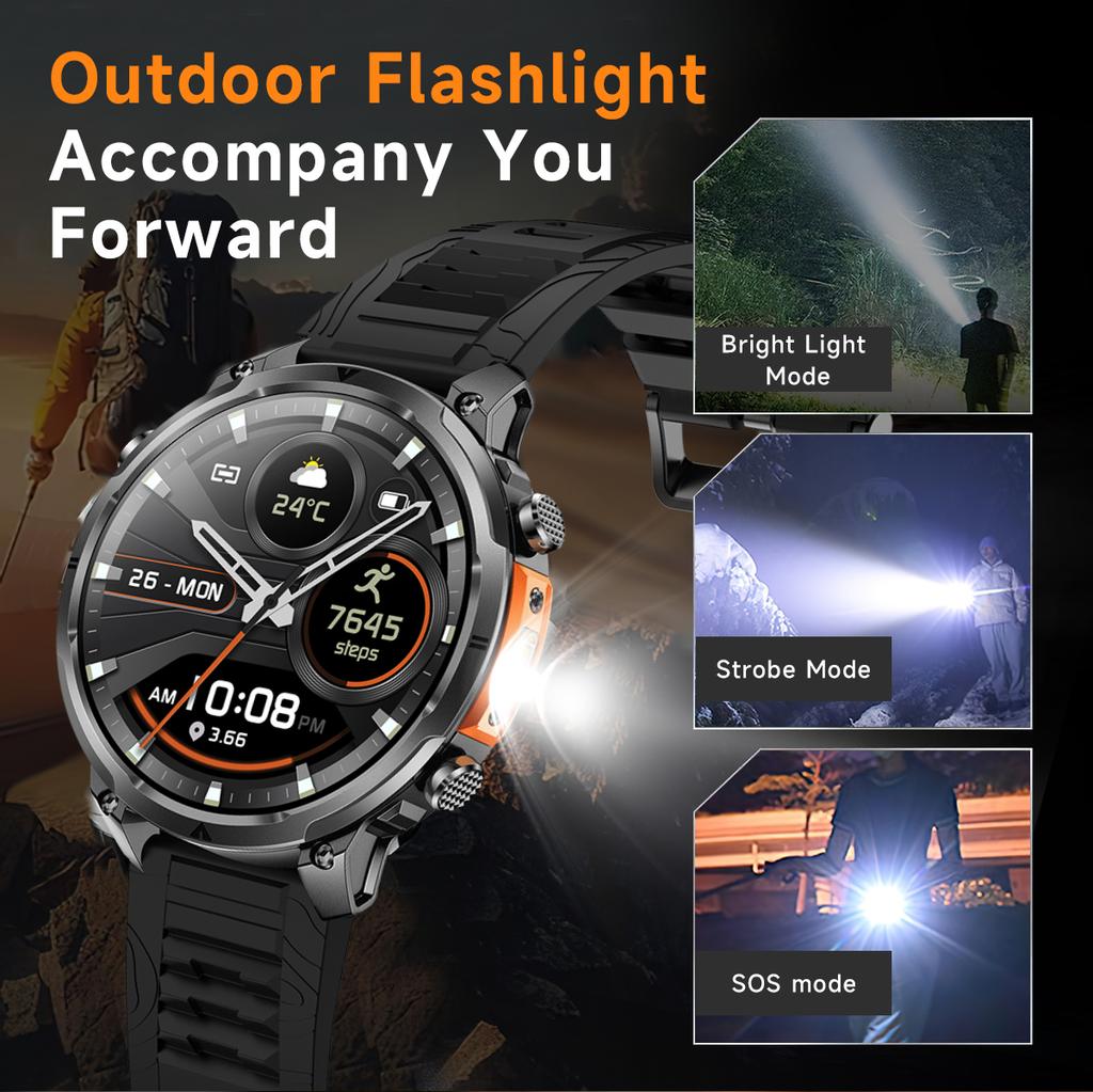 SACOSDING Smart Watch Men Outdoor Sports GPS Positioning Flashlight Altitude Air Pressure BT Calling Health Monitoring Smartwatch