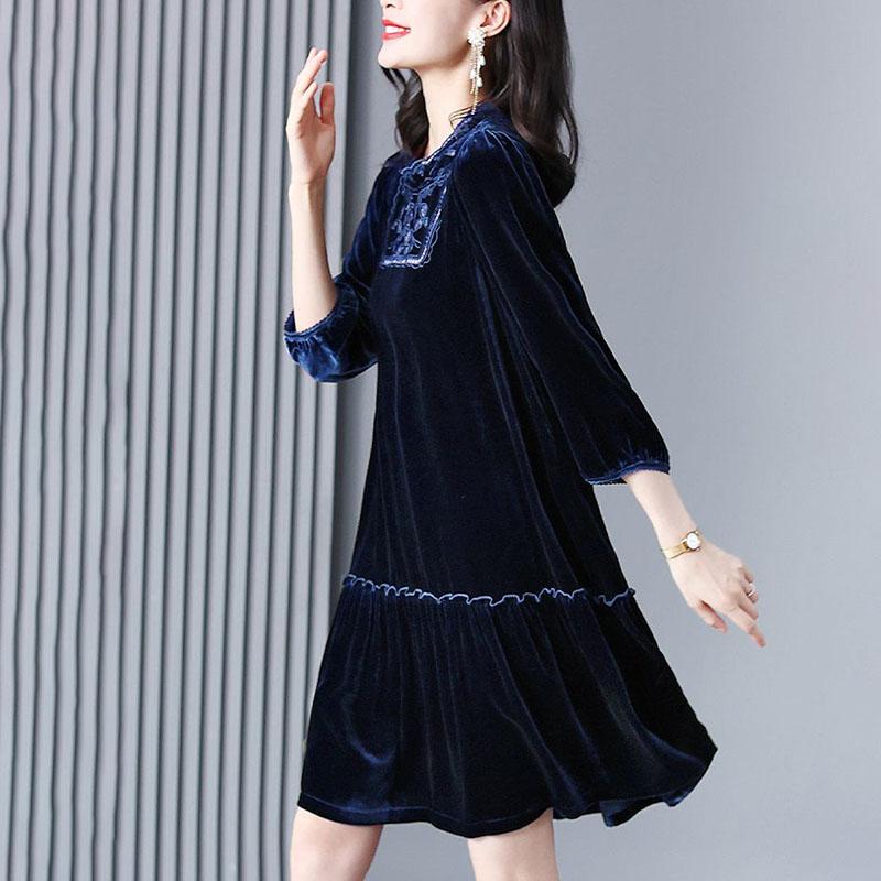 Robe en Velours Doré pour Femmes Printemps Automne Col Rond Solide Robe Trapèze Robes Longueur Midi