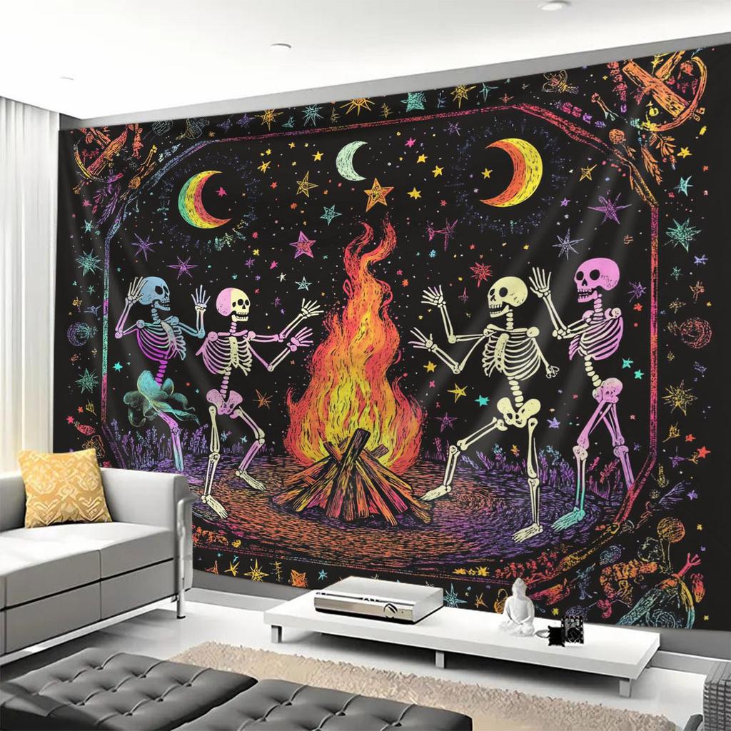 VIKAMA Lagerfeuer Totenkopf Wandteppich Weißer Totenkopf Tänzer Stern und Mond Einzigartig Wohnzimmer Schlafzimmer Akzentwand Raumdekoration