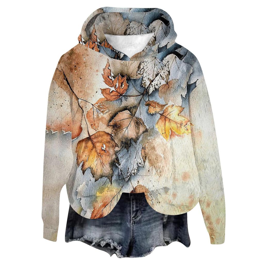 Women's Hooded Long Sleeve Printed Flannel Top Hooded Sweatshirt