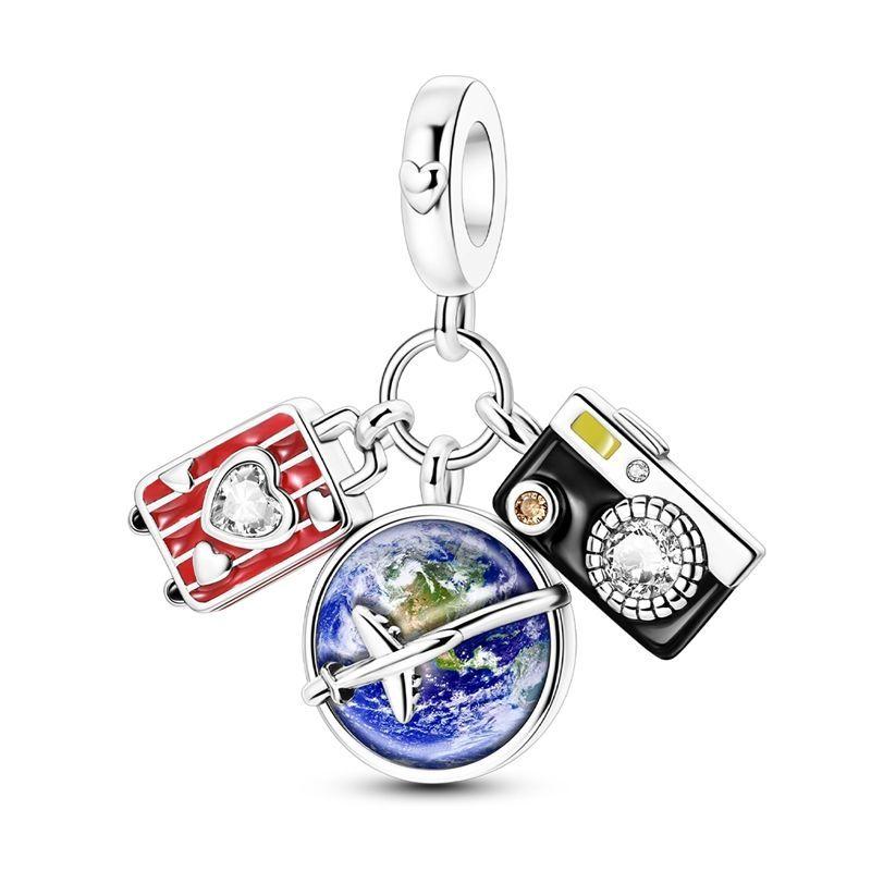 New Original Copper Travel Charms Airplane Luggage Earth Beads Pendants Fit Bracelet Necklace Diy Jewelry Gift