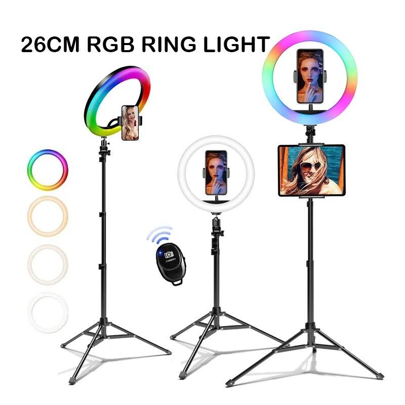 

26 см RGB кольцо для селфи светодиодный светильник с подставкой для телефона, планшета, штатива, кольцевые лампы для фотостудии для телефона, TikTok, Youtube, макияжа