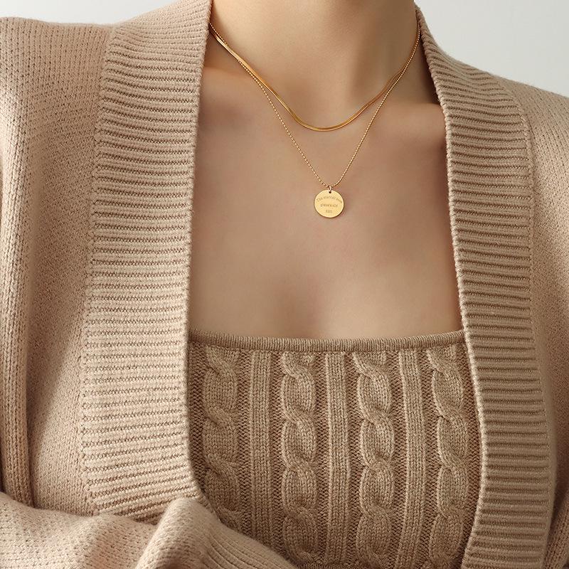 Versatile European American Temperament Hoodie Necklace: English Letter Pendant Double-Layer Gold-Plated Titanium Steel Chain.