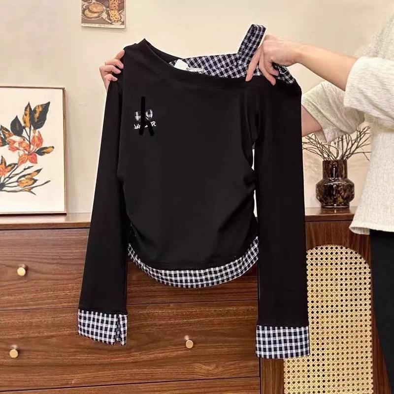 

Korean Plaid Patchwork One-Shoulder Camisole with Contrasting Cuffs and Waist-Cinched Two-Piece Look Extra Large чёрный