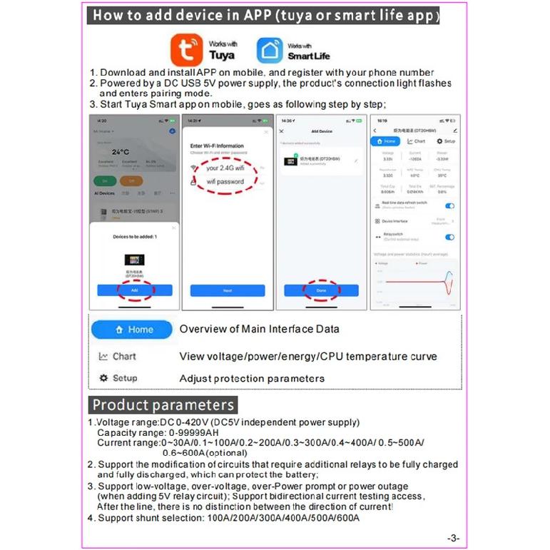 DC 0-420V Tuya WiFi Smart Lithium-Batteriekapazitäts-Erkennungstester DC Digitalanzeige Strom Spannung Coulomb Leistungsmesser DT20W