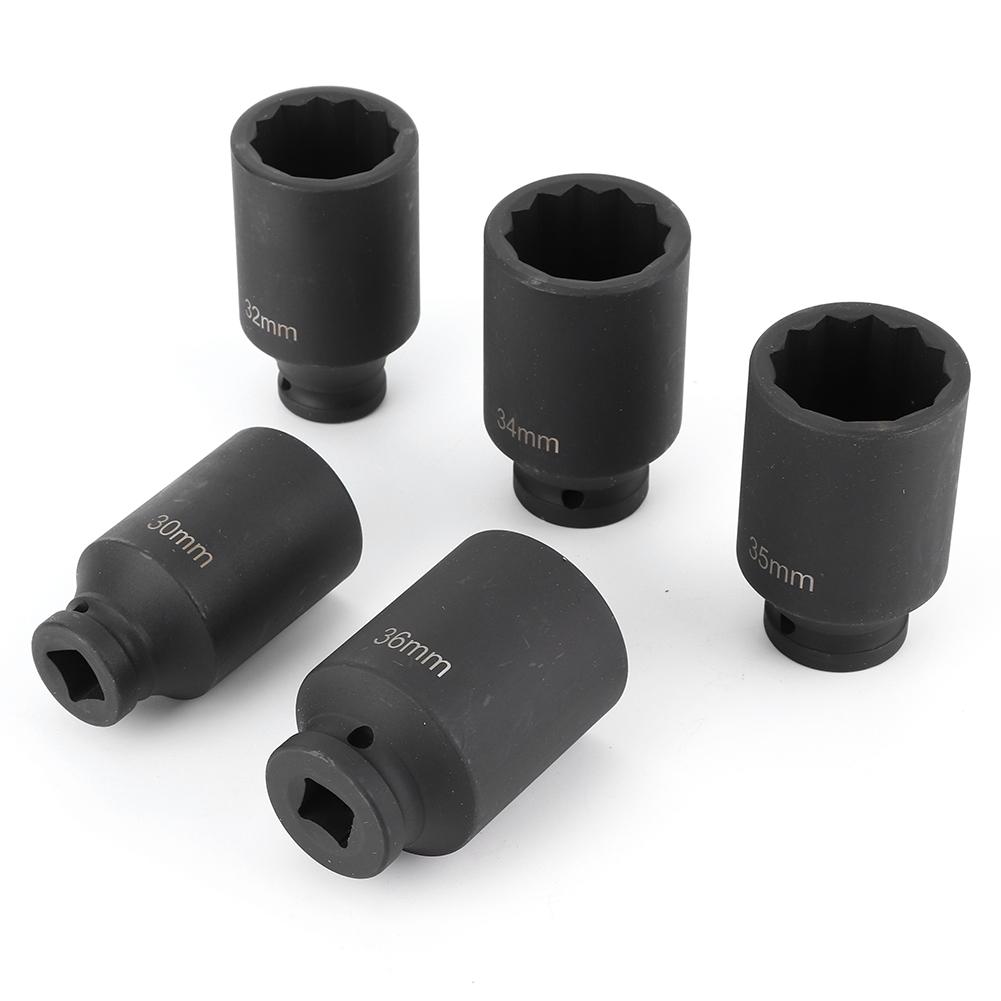 Zestawy 5 szt. nasadek 12-kątnych do nakrętek piast osi, głębokie, udarowe, metryczne, na klucz zapadkowy 1/2 cala