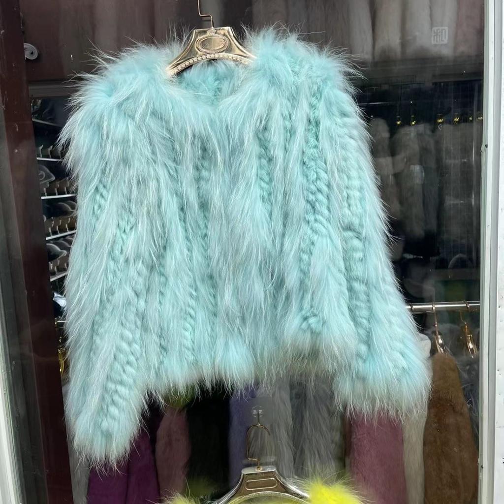 Real Raccoon Fur Woven Coat for Women Short Style Fur Rabbit Fur Long Sleeves Stylish Real Fur Round Neck Coat