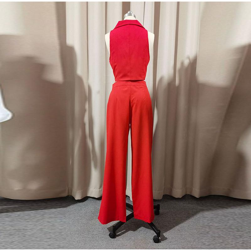 2025 spring and summer new women's solid color blouse sleeveless waist two-piece casual trousers suit