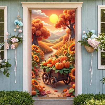 Outdoor Decor Pumpkin Cart Seasonal Banner Sunflower Decor Wooden Cart Pumpkin Design For Halloween Party Seasonal Decor