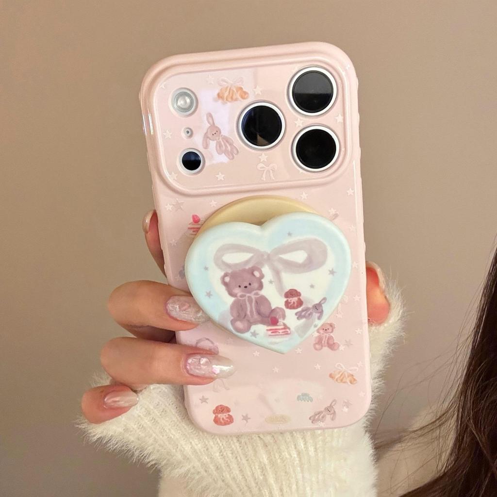 Cute Pink Bear Heart-Shaped Magnetic Stand and Bear Phone Case for iPhone 16, iPhone 17, and iPhone 17 Pro Max