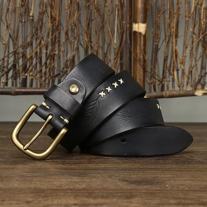 3.8 CM Pure Cowhide Genuine Leather for Men's High Quality Jeans Brass Buckle Belts Cowboy Waistband Male Designer Luxury Cintos