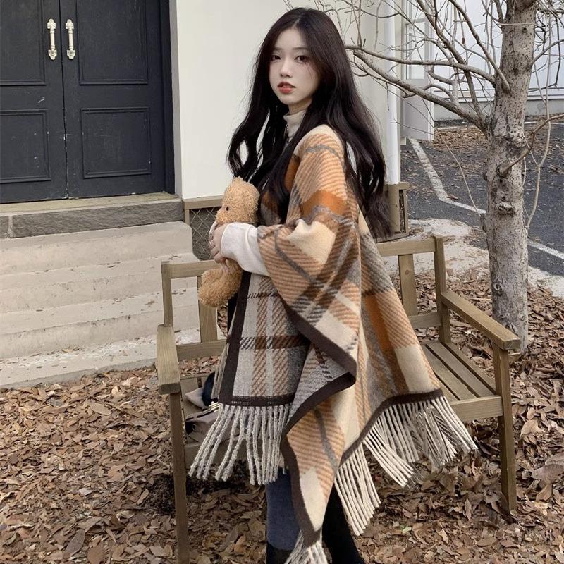 New retro plaid shawl women's high-end versatile autumn and winter imitation cashmere warm scarf thick