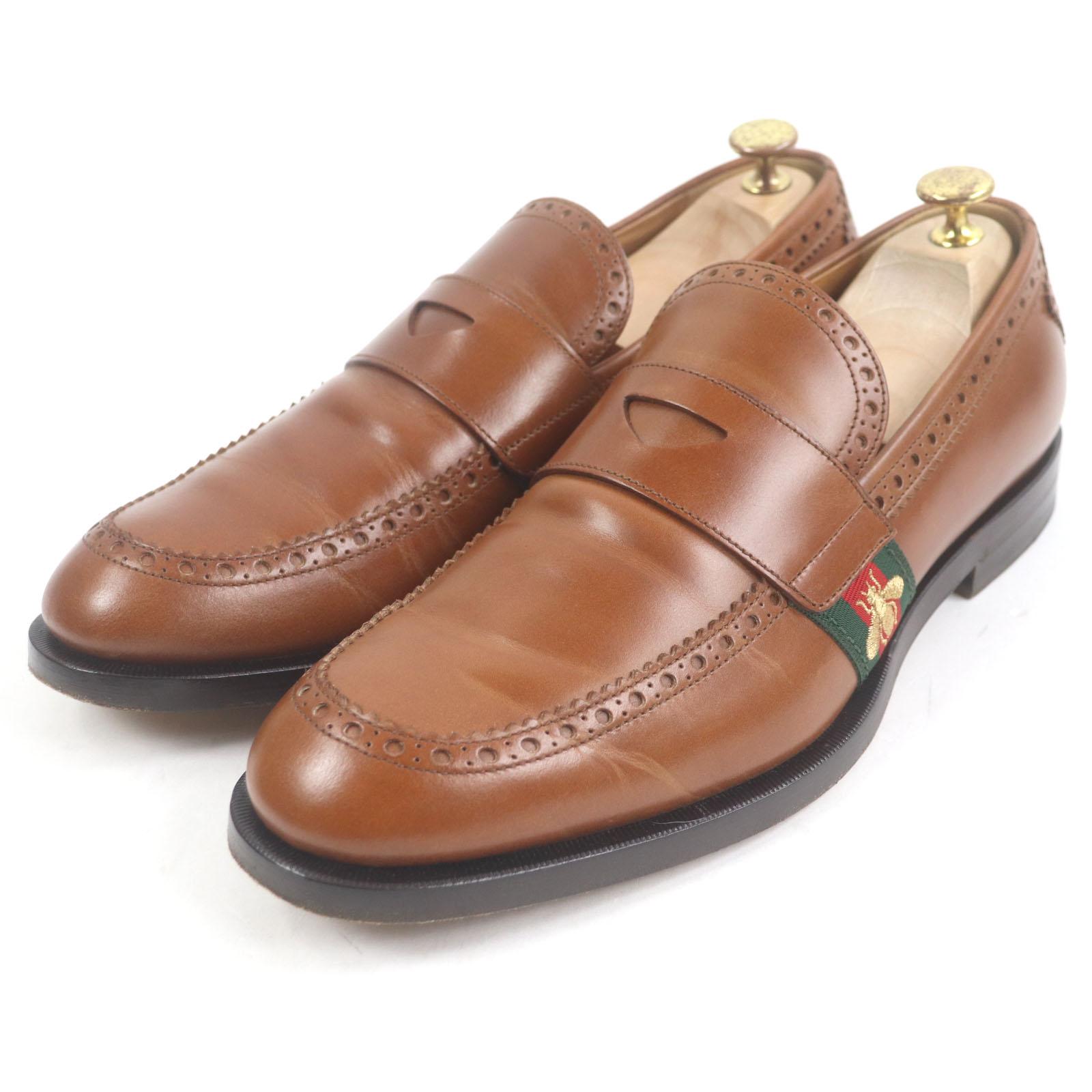 GUCCI loafers Bee embroidered web line penny loafers Brown leather mens 9 450990 Used