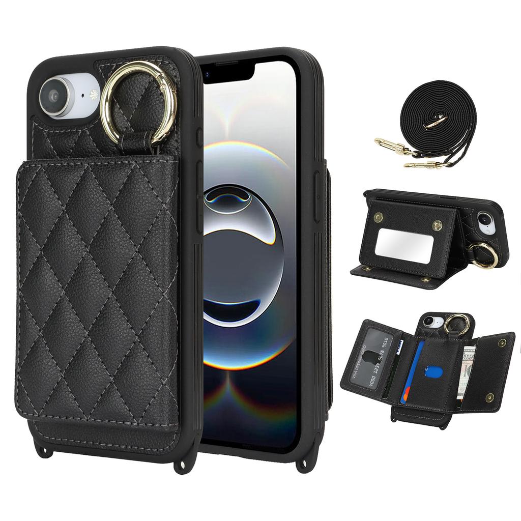 For iPhone 16e Case with Lanyard/Mirror/Card Holder Grids Pattern RFID Blocking Phone Cover