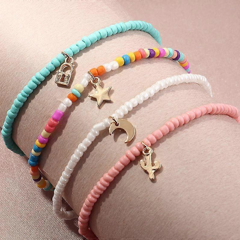 Dww-4 Pieces Bohemian Multilayer Beaded Ankle Bracelet Colorful Women's Ankle Moon and Star Pendant Ankle Beads Elastic Foot Bracelet Summer Beach Jew