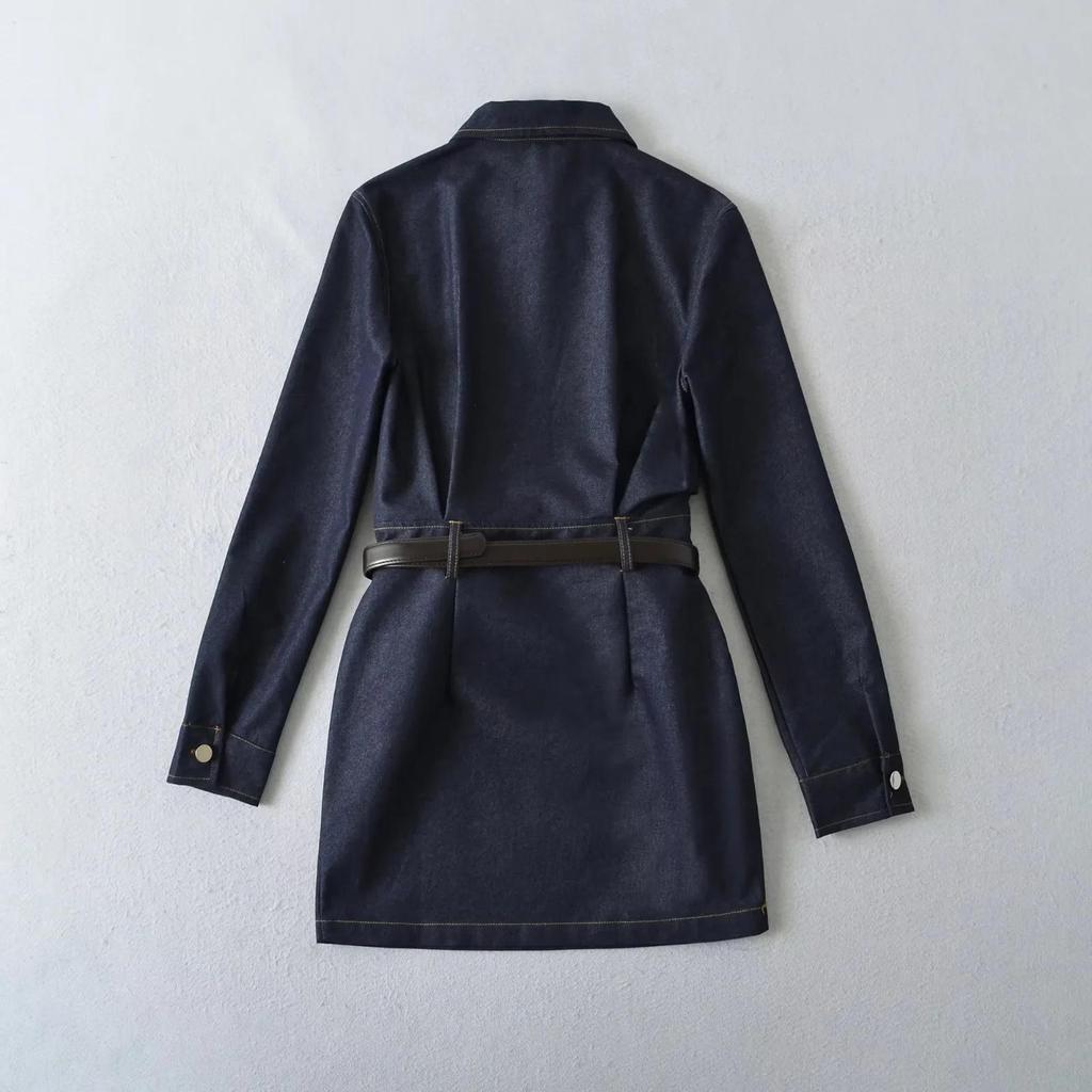 Women's Denim Belted Shirt Dress - Retro Lapel, Waist-Cinching, Hip-Hugging Short Skirt for Autumn/Winter