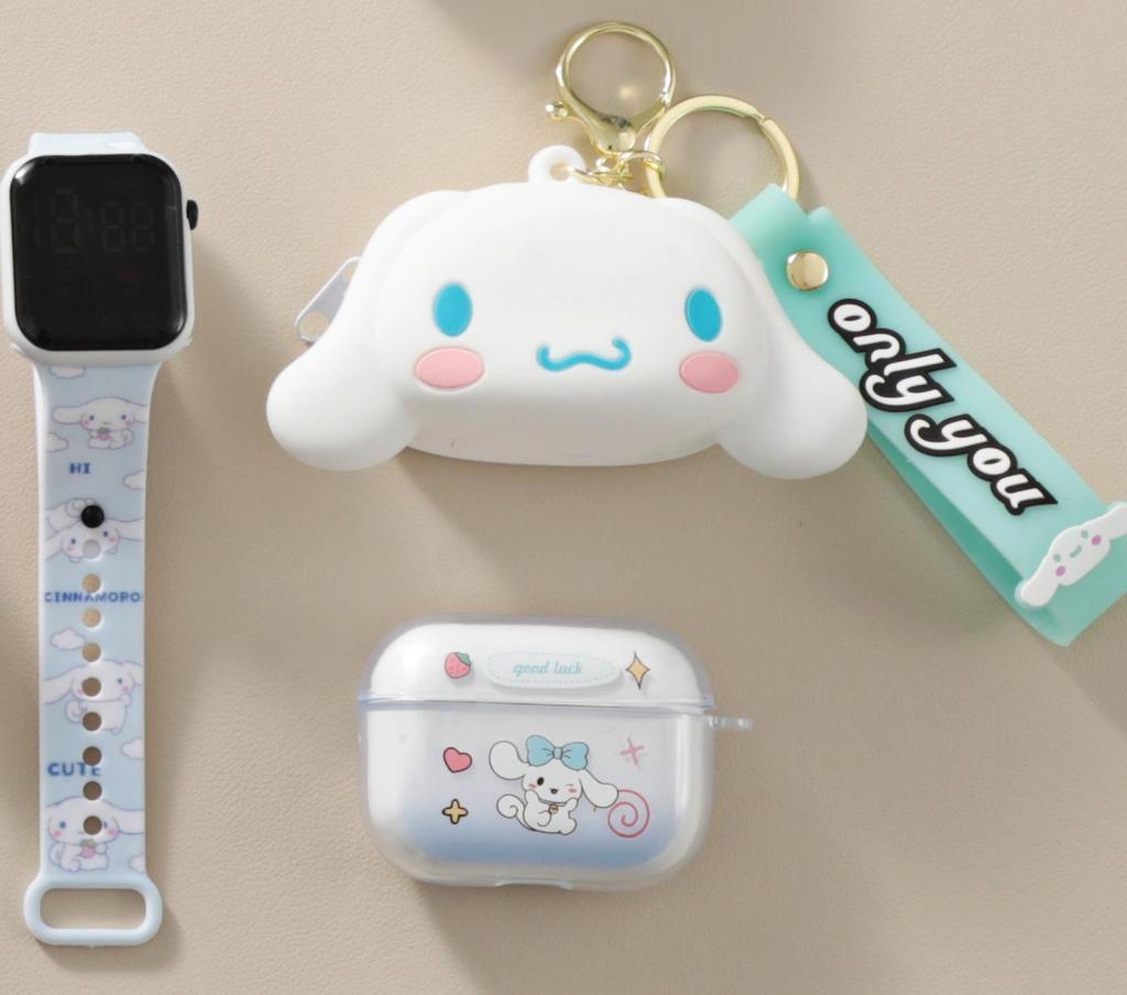 Kreskówkowe Silikonowe Etui Ochronne z Portmonetką na Monetę na Zamek Błyskawiczny, Wykwintny Zegarek LED i Bezprzewodowe Słuchawki Bluetooth TWS