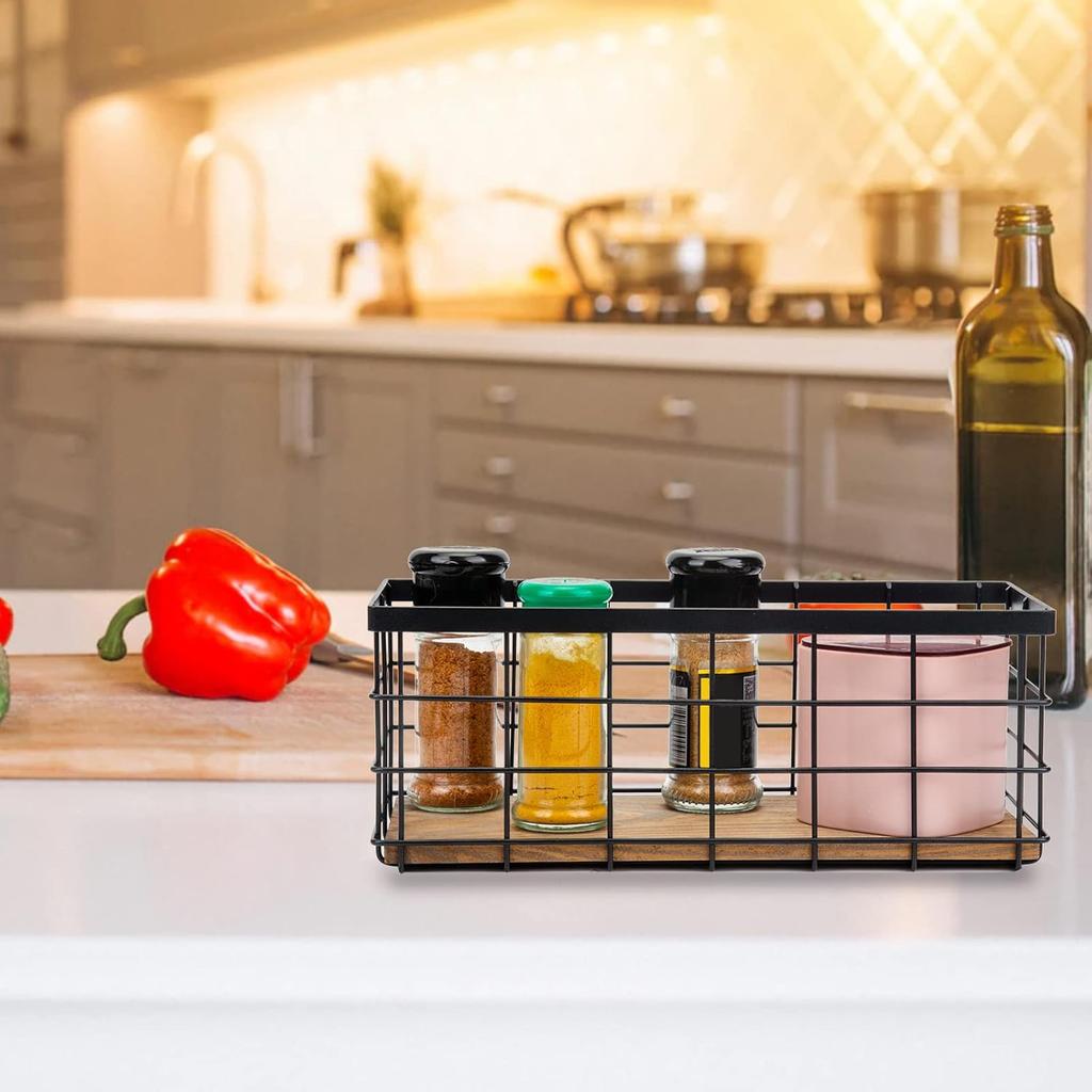 TIEYIPIN Farmhouse Decor Metal Wire Storage Baskets, Wood Base Containers Organizing Basket Caddy Bin for Kitchen Cabinets, Bathroom, Pantry, Garage,